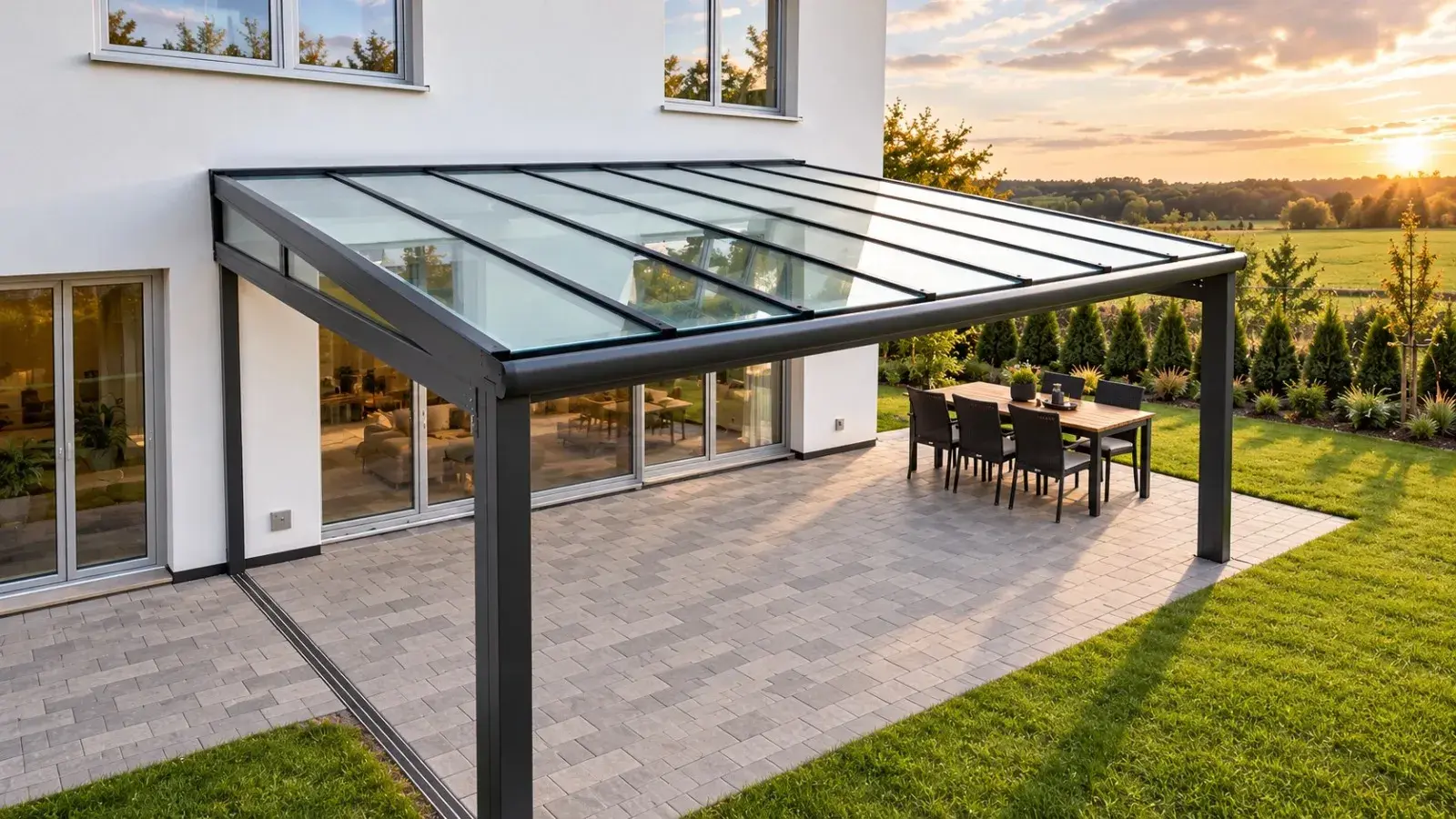Hliníková pergola so sklenenou strechou nad terasou rodinného domu